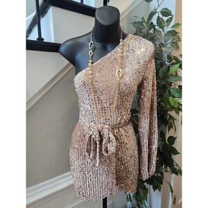 CBR One Shoulder Sequin Dress Women's Size Large Gold Long Sleeve Party Dress